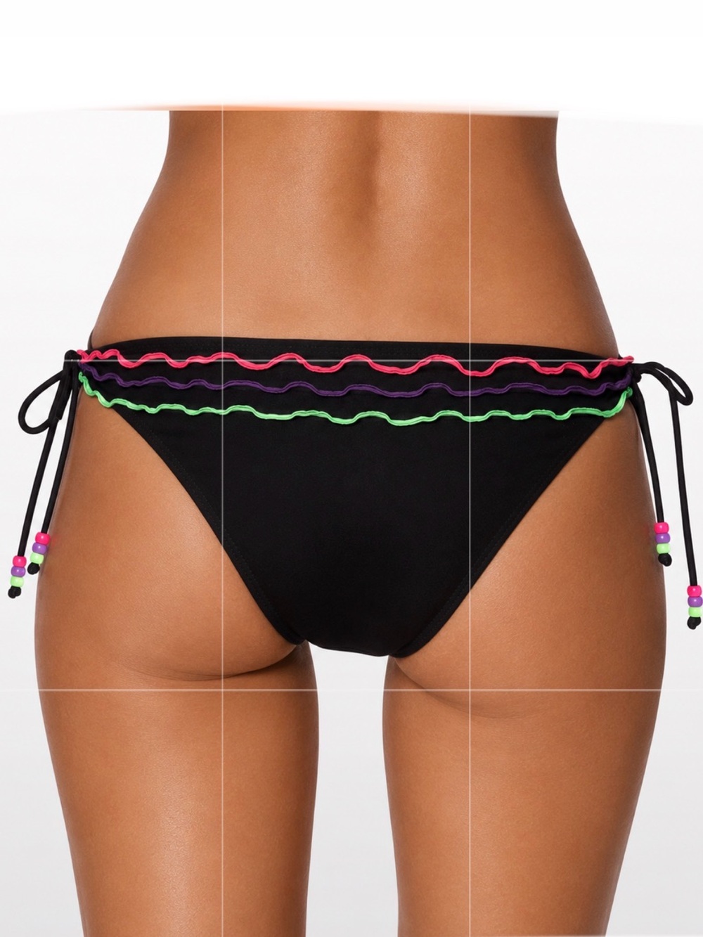Black Bikini Bottom Pink Green Ruffle Trim Side Tie Beaded Women’s M